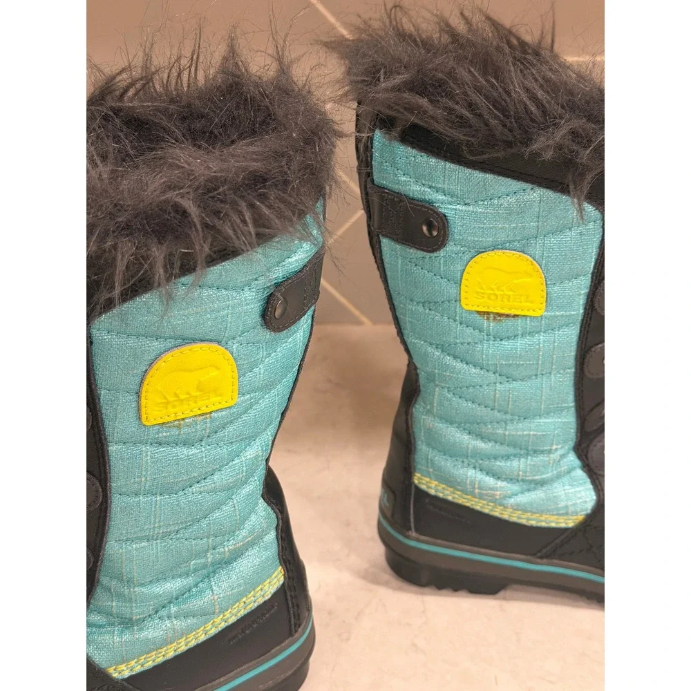 Sorel Tofino II Kids Waterproof Winter Boots Teal Black Faux Fur Size 2